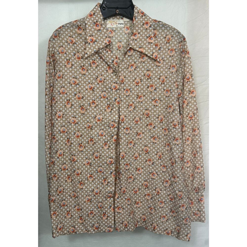 Vintage 70s Russ Togs Floral Geometric Button Up Blouse M-L